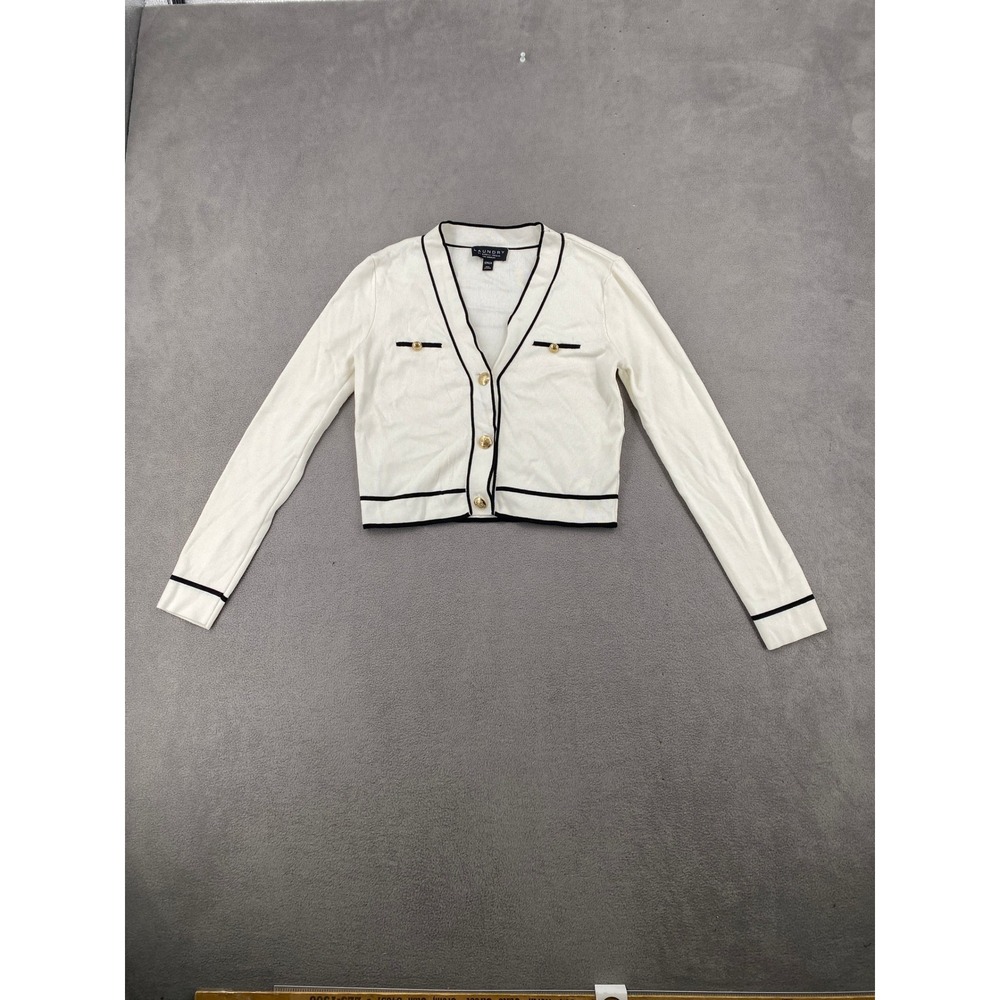 Laundry by Shelli Segal White Black Trim Cropped Cardigan Gold Buttons Small